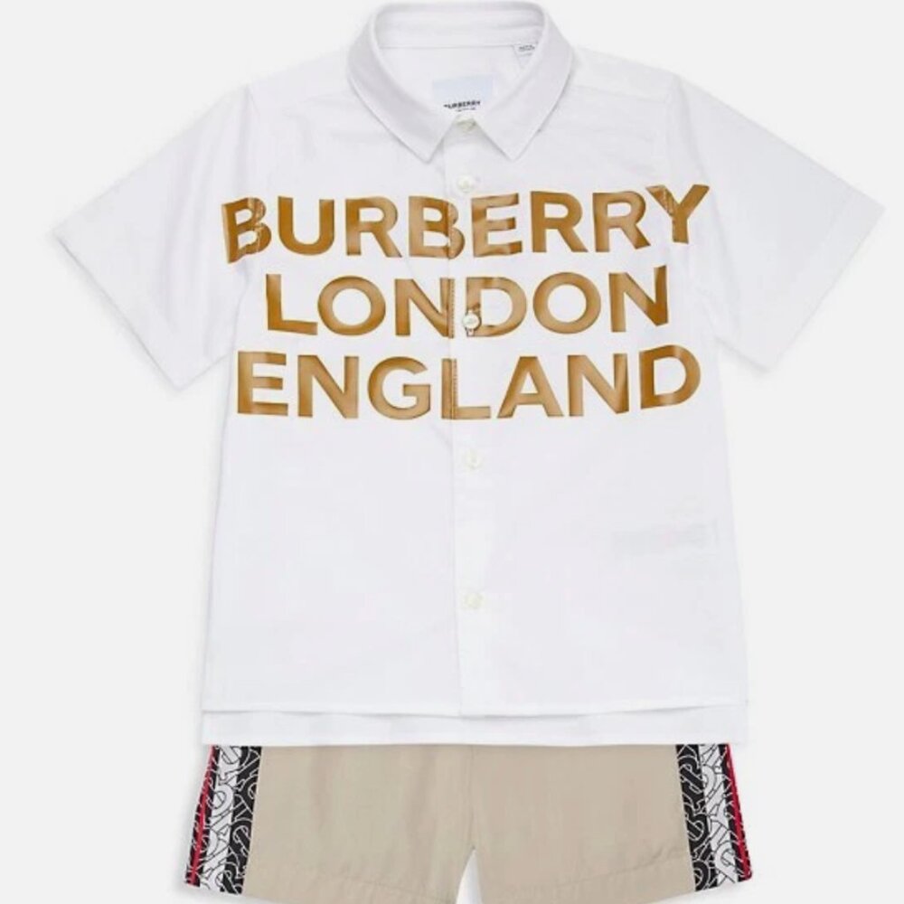 Burberry Boy Graphic Logo Lettering Short Sleeve Button Shirt, White, Sz 12Y NWT